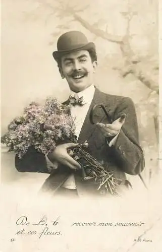 Elegant fancy man romantic lover greetings postcard flower bouquet tuxedo moustache