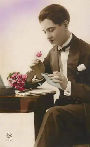Elegant fancy man romantic lover greetings postcard flower bouquet haircut tuxedo