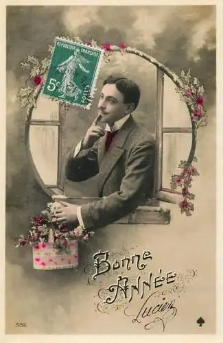 Elegant fancy man romantic lover greetings postcard flower bouquet haircut moustache bonne annee