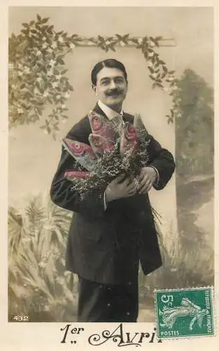 Elegant fancy man romantic lover greetings postcard flower bouquet haircut moustache !st Avril