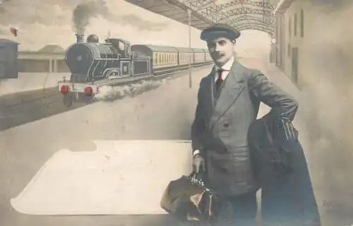 Elegant fancy man romantic lover greetings postcard flower bouquet haircut moustache locomotive