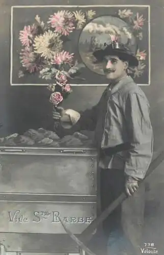 Elegant fancy man romantic lover greetings postcard flower bouquet haircut smile moustache Vive Ste Barbe