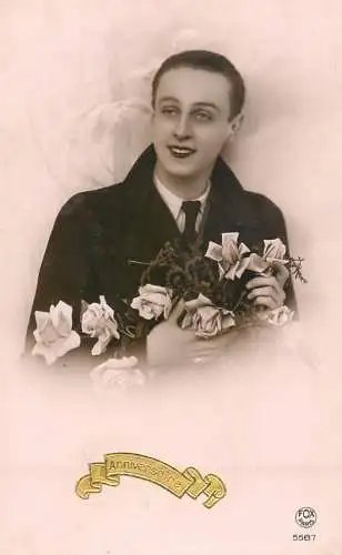 Elegant fancy man romantic lover greetings postcard flower bouquet haircut smile