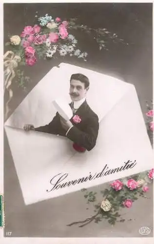 Elegant fancy man romantic lover greetings postcard flower bouquet haircut moustache