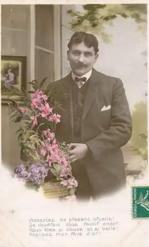 Elegant fancy man romantic lover greetings postcard flower bouquet haircut moustache