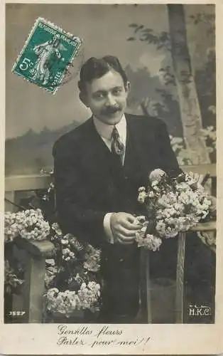Elegant fancy man romantic lover greetings postcard flower bouquet haircut moustache