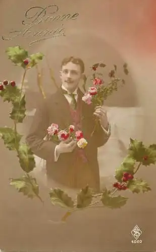 Elegant fancy man romantic lover greetings postcard flower bouquet haircut moustache bonne anne