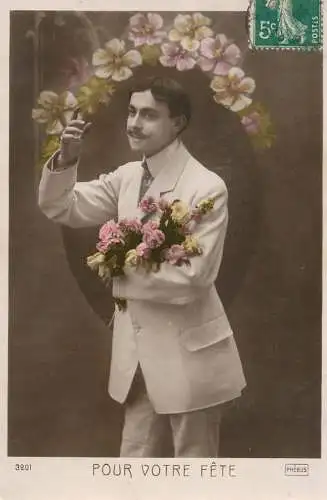 Elegant fancy man romantic lover greetings postcard bouquet moustache pour votre fete