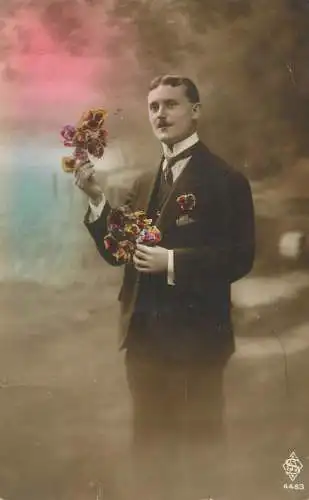 Elegant fancy man romantic lover greetings postcard bouquet moustache
