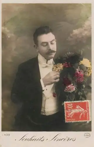 Elegant fancy man romantic lover greetings postcard bouquet moustache souhaits sinceres
