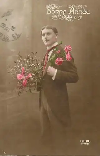 Elegant fancy man romantic lover greetings postcard bouquet moustache bonne annee