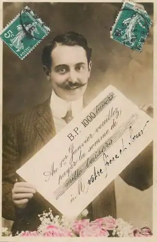 Elegant fancy man romantic lover greetings postcard bouquet moustache 1er janvier