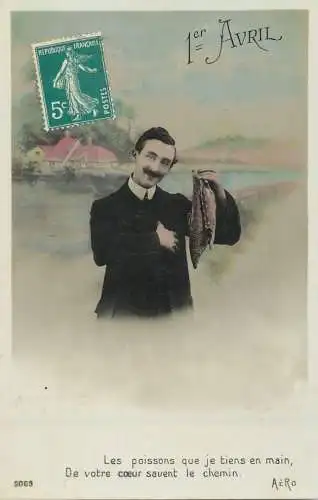 Elegant fancy man romantic lover greetings postcard bouquet moustache 1er avril