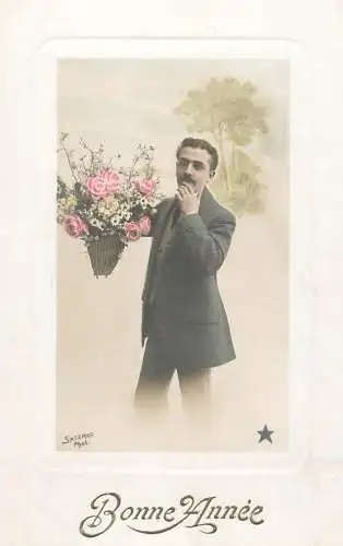 Elegant fancy man romantic lover greetings postcard bouquet moustache bonne annee