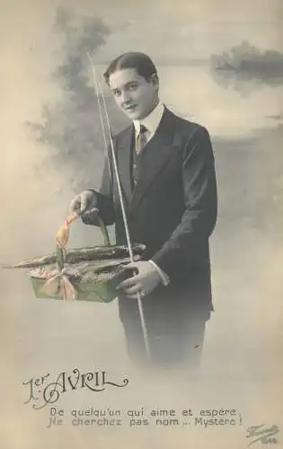Elegant fancy man romantic lover greetings postcard bouquet 1st avril fish rod