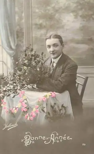Elegant fancy man romantic lover greetings postcard bouquet bonne annee
