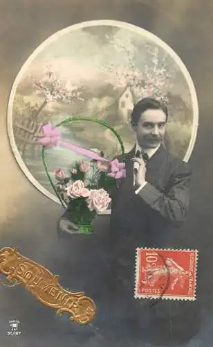 Elegant fancy man romantic lover greetings postcard bouquet moustache basket