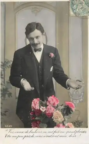 Elegant fancy man romantic lover greetings postcard bouquet moustache tie