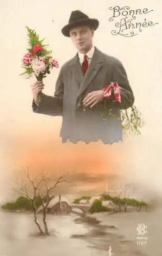 Elegant fancy man romantic lover greetings postcard bouquet bonne annee