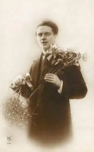 Elegant fancy man romantic lover greetings postcard bouquet