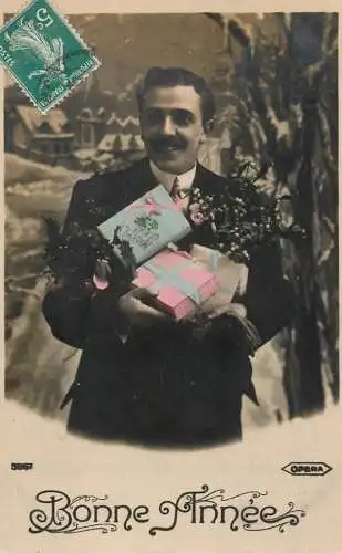 Elegant fancy man romantic lover greetings postcard bouquet moustache bonne annee