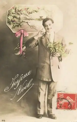 Elegant fancy man romantic lover greetings postcard bouquet moustache joyeux noel