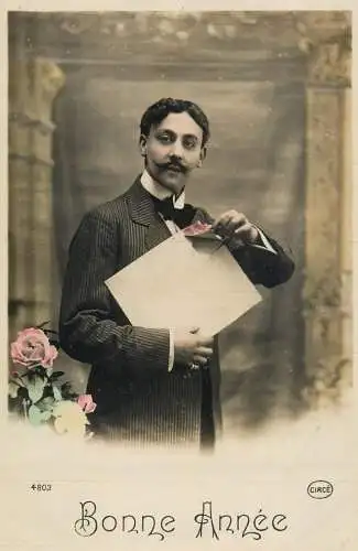 Elegant fancy man romantic lover greetings postcard bouquet moustache bonne annee