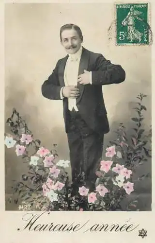 Elegant fancy man romantic lover greetings postcard bouquet moustache heureuse annee