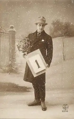 Elegant fancy man romantic lover greetings postcard bouquet 1st of Januray winter