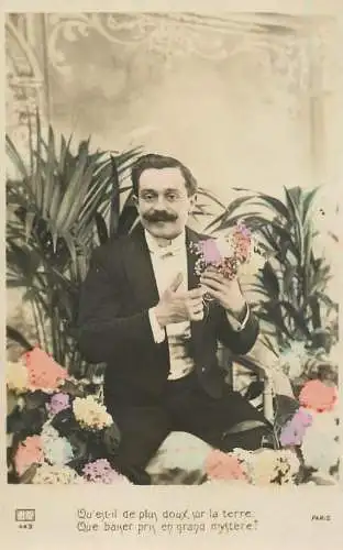 Elegant fancy man romantic lover greetings postcard bouquet moustache tuxedo