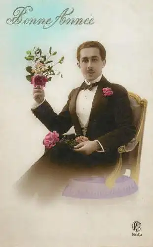 Elegant fancy man romantic lover greetings postcard bouquet moustache bonne annee