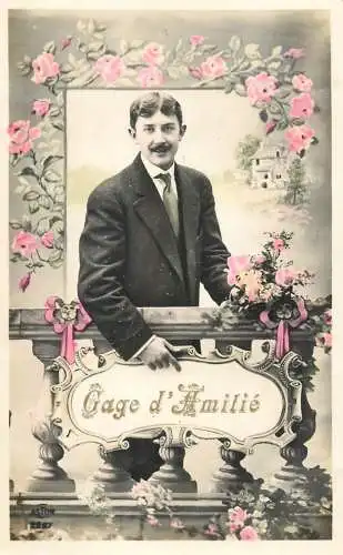 Elegant fancy man romantic lover greetings postcard bouquet moustache gage d'Amitie