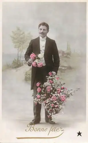 Elegant fancy man romantic lover greetings postcard bouquet moustache bonne fete