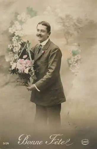 Elegant fancy man romantic lover greetings postcard bouquet moustache bonne fete