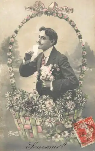 Elegant fancy man romantic lover greetings postcard bouquet moustache souvenir letter