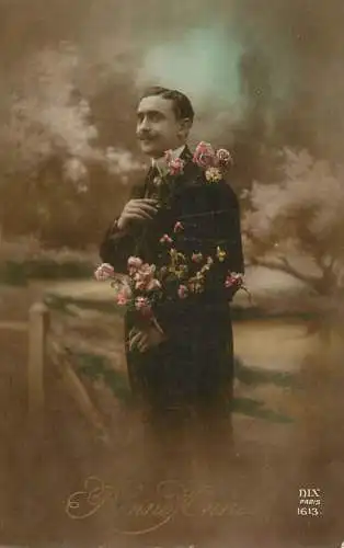 Elegant fancy man romantic lover greetings postcard bouquet moustache bonne annee