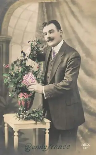 Elegant fancy man romantic lover greetings postcard bouquet moustache bonne annee