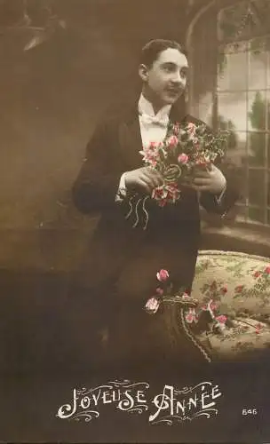 Elegant fancy man romantic lover greetings postcard bouquet moustache joyeuse annee