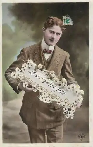 Elegant fancy man romantic lover greetings postcard bouquet moustache votre fete