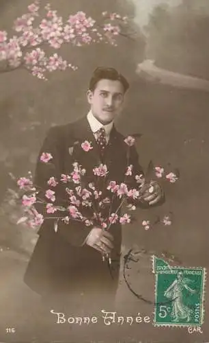 Elegant fancy man romantic lover greetings postcard bouquet moustache bonne annee