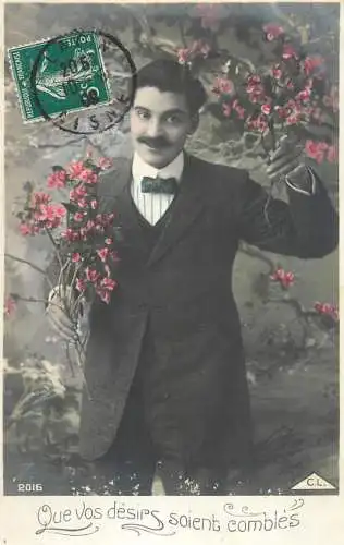 Elegant fancy man romantic lover greetings postcard bouquet moustache desirs soient combies
