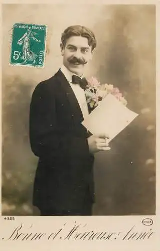Elegant fancy man romantic lover greetings postcard bouquet moustache bonne heureuse annee