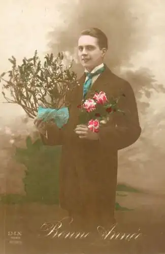 Elegant fancy man romantic lover greetings postcard bouquet moustache bonne annee