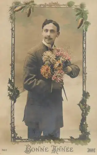 Elegant fancy man romantic lover greetings postcard bouquet moustache bonne annee
