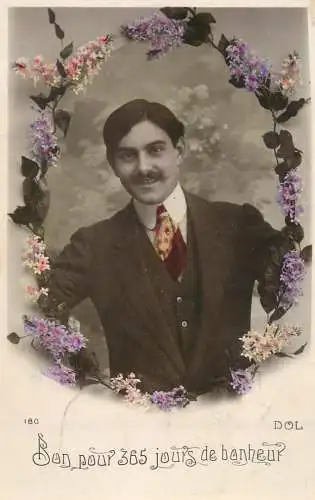 Elegant fancy man romantic lover greetings postcard bouquet moustache bonheur