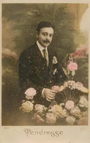 Elegant fancy man romantic lover greetings postcard bouquet moustache tendresse