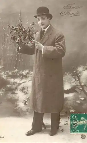 Elegant fancy man romantic lover greetings postcard bouquet winter bonne annee