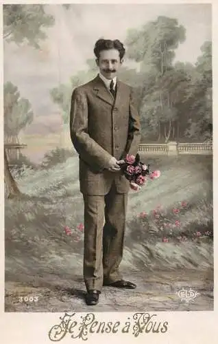 Elegant fancy man romantic lover greetings postcard bouquet moustache je pense a vous