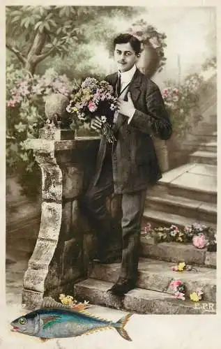 Elegant fancy man romantic lover greetings postcard bouquet moustache fish