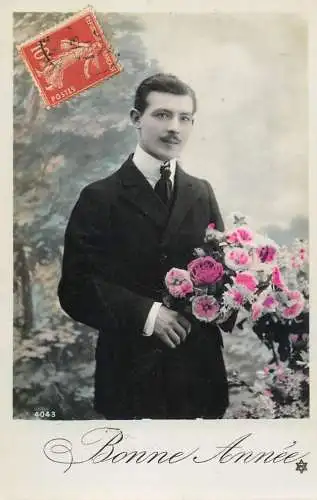 Elegant fancy man romantic lover greetings postcard bouquet bonne annee